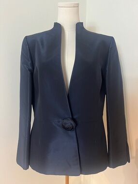 Carolina Herrera 1990 Navy Silk Rosette  Blazer